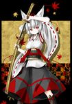  animal_ears detached_sleeves expressionless giwa hat highres inubashiri_momiji katana leaf maple_leaf red_eyes ribbon-trimmed_sleeves ribbon_trim sash sheath short_hair skirt sword tokin_hat touhou unsheathing weapon white_hair wolf_ears 