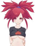  &gt;:) adapted_costume asuna_(pokemon) blush breasts chorimokki covered_nipples crop_top large_breasts long_hair navel pokemon pokemon_(game) pokemon_rse ponytail red_eyes red_hair smile solo underboob v-shaped_eyebrows 