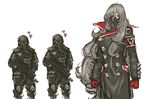  2boys armband breasts gas_mask gloves glowing glowing_eyes gun heart helghast helmet highres killzone large_breasts long_hair military military_uniform multiple_boys nameo_(judgemasterkou) oxygen_mask red_gloves rifle silver_hair soldier trench_coat uniform weapon 