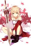  blonde_hair clarent fate/apocrypha fate_(series) green_eyes long_hair midriff mordred_(fate) mordred_(fate)_(all) ponytail shinooji shorts solo sword weapon 
