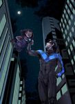  1boy 1girl batman_(series) bodysuit city daughter dc_comics dick_grayson domino_mask family father father_and_daughter flying gloves glowing glowing_eyes green_eyes jewelry mask necklace night nightstar nightwing pinku 