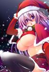  arms_up black_legwear blush breasts christmas covered_nipples elbow_gloves gloves hand_on_own_head hat highres huge_breasts jijii48 long_hair navel open_mouth original plaid plaid_skirt purple_eyes purple_hair red_gloves santa_hat skirt snow solo thighhighs underboob 