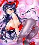  animal_ears at_classics bishoujo_senshi_sailor_moon black_hair bow bowtie breasts bunny_ears bunnysuit cleavage detached_collar hino_rei huge_breasts long_hair pantyhose purple_eyes sample solo traditional_media wrist_cuffs 