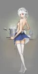  apron back bare_shoulders bottle bow bowl braid breasts cabinet chopsticks cooking counter crossed_legs from_behind full_body grey_background highres indoors izayoi_sakuya ladle long_legs looking_at_viewer looking_back maid maid_headdress maredoro medium_breasts naked_apron pot red_eyes short_hair short_sleeves sideboob silver_hair simple_background skirt smile solo standing steam stove thighhighs touhou twin_braids upskirt white_legwear zettai_ryouiki 