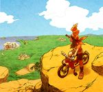  bandana bicycle bike_shorts blue_sky brown_hair cityscape cloud day gen_3_pokemon gloves ground_vehicle haruka_(pokemon) landscape long_hair nature pokemon pokemon_(creature) pokemon_(game) pokemon_rse sky torchic yuza 