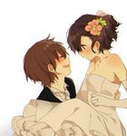  1girl bad_id bad_pixiv_id bare_shoulders black_hair blush brown_hair carrying chromatic_aberration closed_eyes couple dress elbow_gloves formal gloves hetero highres lingmuzi looking_at_another original princess_carry suit tears wedding_dress 