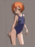  blue_swimsuit brown_hair cropped_legs green_eyes grey_background hoshizora_rin looking_to_the_side love_live! love_live!_school_idol_project one-piece_swimsuit orange_hair rohitsuka school_swimsuit short_hair sketch solo standing swimsuit yellow_eyes 