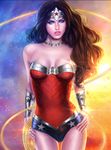  1girl amazon black_hair blue_eyes bracer bracers breasts cleavage dc_comics female hands_on_hips lasso leotard looking_at_viewer solo strapless tiara vambraces wonder_woman wonder_woman_(series) 