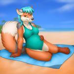  amber_eyes beach black_nose blue_hair breasts canine claws cleavage clothed clothing female fox fur grey_fur hair hindpaw looking_at_viewer mammal orange_fur outside palm paws pregnant seaside short_hair sitting sky smile solo swimsuit tree vader-san white_fur 