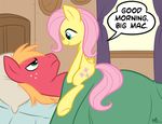  big_macintosh_(mlp) blanket blue_eyes curtains cutie_mark draft_horse duo english_text equine eye_contact female fluttershy_(mlp) freckles friendship_is_magic frown green_eyes hair horse lying male mammal megasweet my_little_pony orange_hair pegasus pillow pink_hair pony red_body scowl sitting smile text unamused window wings yellow_body 