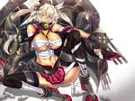  ammunition bare_shoulders breasts budget_sarashi covered_nipples dark_skin fingerless_gloves glasses gloves headgear kantai_collection large_breasts long_hair looking_at_viewer musashi_(kantai_collection) navel pointy_hair red_eyes sarashi silver_hair skirt smile solo spread_legs tan thighhighs turret twintails two_side_up yamaneko 
