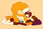  anthro big_breasts black_nose breasts brown_eyes brown_hair canine clothing duo eye_contact female fluffy_tail fox fur green_eyes hair magenta_hair male mammal nude orange_fur plain_background shorts socks starfighter straight topless underwear 