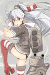  amatsukaze_(kantai_collection) anchor black_panties brown_eyes commentary crying crying_with_eyes_open dress fighting_stance flying_sweatdrops garter_straps gloves hair_ornament high_heels kantai_collection long_hair machinery mushiboy open_mouth panties rensouhou-kun sailor_dress short_dress silver_hair single_glove solo standing standing_on_one_leg strap striped striped_legwear sweat sweatdrop tears thighhighs two_side_up underwear 