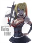  1girl basara batman_(series) blonde_hair bloom blue_eyes breasts character_name cleavage dc_comics dress female gun hand_on_hip harley_quinn lipstick looking_at_viewer makeup nasara solo twintails weapon 