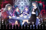  :o akemi_homura benmiaobituona black_hair blanket bow cake chair cross crossover cup dress fence flower food frederica_bernkastel funeral_dress gokou_ruri gothic_lolita hair_bow hairband highres lolita_fashion long_hair look-alike looking_at_viewer mahou_shoujo_madoka_magica mahou_shoujo_madoka_magica_movie mole mole_under_eye multicolored_hair multiple_crossover multiple_girls ore_no_imouto_ga_konna_ni_kawaii_wake_ga_nai outstretched_arm panty_&amp;_stocking_with_garterbelt purple_eyes purple_hair red_eyes rose saucer smile spoilers star_(sky) stocking_(psg) striped striped_legwear table tea tea_set teacup teapot thighhighs trait_connection tray two-tone_hair umineko_no_naku_koro_ni very_long_hair 