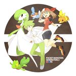  1girl :d bad_id bad_pixiv_id bandana bike_shorts brown_hair copyright_name gardevoir gen_3_pokemon gloves grey_eyes haruka_(pokemon) holding holding_poke_ball jumping mitsuru_(pokemon) mudkip official_style open_mouth poke_ball poke_ball_symbol pokemon pokemon_(creature) pokemon_(game) pokemon_rse short_hair smile souji torchic treecko 