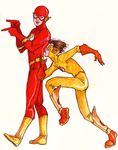  2boys bart_allen bodysuit boots brown_hair dc_comics family flash_(series) green_eyes kid_flash lightning_bolt male male_focus mask multiple_boys running simple_background the_flash wally_west 
