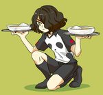  animal_print bear_print black_hair black_shorts bowl brown_hair dual_wielding food full_body hair_over_one_eye hidaring holding inazuma_eleven_(series) inazuma_eleven_go inazuma_eleven_go_galaxy kneehighs male_focus one_eye_covered one_knee panda_print parted_lips polo_shirt raglan_sleeves sarit_charat short_sleeves shorts simple_background solo tray wavy_hair 