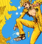  blonde_hair blue_background blue_eyes braid cogdis derivative_work giorno_giovanna happy jacket jojo_no_kimyou_na_bouken jojo_pose leg_up looking_at_viewer male_focus pants pose shoes simple_background smile solo source_request standing toned toned_male vento_aureo yellow_jacket yellow_legwear 