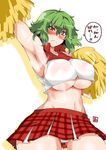  :&lt; aoi_manabu armpits blush breasts cheerleader cleavage crop_top embarrassed green_hair kazami_yuuka large_breasts looking_at_viewer panties plaid plaid_skirt pom_poms red_eyes short_hair skirt solo sweat touhou translated underboob underwear white_panties 