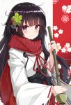  1girl absurdres bamboo_broom bangs black_hair blush broom closed_mouth commentary_request eyebrows_visible_through_hair fingernails flower girls_frontline hair_between_eyes hair_ornament highres holding holding_broom japanese_clothes kimono long_hair long_sleeves looking_at_viewer miko ohshit red_eyes red_scarf red_skirt ribbon-trimmed_sleeves ribbon_trim scarf skirt smile solo type_100_(girls_frontline) very_long_hair white_flower white_kimono wide_sleeves 