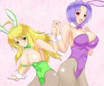  animal_ears blonde_hair blue_hair bow bowtie breasts bunny_ears bunny_girl bunnysuit cleavage covered_nipples detached_collar green_eyes green_leotard holding_hands hoshii_miki huge_breasts idolmaster idolmaster_(classic) large_breasts leotard long_hair miura_azusa multiple_girls pantyhose purple_leotard red_eyes rokushiru_(muzai-p) short_hair wrist_cuffs 