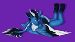  blue_eyes butt cute dragon feathers fluffy hairy hindpaw horn invalid_tag jitzu lying male nude paws plain_background pose rayxray smile solo wings 