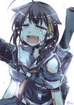  ahoge black_hair blue_eyes blush braid crying crying_with_eyes_open hair_ornament hair_over_shoulder hairclip kantai_collection machinery neckerchief open_mouth remodel_(kantai_collection) shigure_(kantai_collection) single_braid skirt solo takana_shinno tears torn_clothes upper_body 