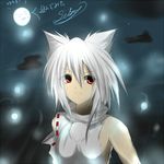  animal_ears bare_shoulders breasts detached_sleeves full_moon inubashiri_momiji looking_away moon night no_hat no_headwear red_eyes scar seiru_radiant short_hair signature silver_hair small_breasts solo touhou translation_request wolf_ears 