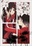  1girl aliccess bad_id bad_pixiv_id black_hair flower fringe_trim grey_eyes hair_ornament hairclip hand_on_another's_face jacket kagerou_project kisaragi_shintarou long_hair red_scarf scarf school_uniform smile spider_lily tateyama_ayano 