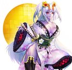  absurdres boots breasts checkered hair_ornament highres japanese_clothes katana kimono long_hair matsunaga_hisahide_(sengoku_bushouki_muramasa) medium_breasts moriko06 multiple_swords no_bra off_shoulder parted_lips purple_skin red_eyes red_sclera sengoku_bushouki_muramasa sheath sheathed solo sword thigh_boots thighhighs twintails very_long_hair weapon white_hair 