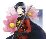  1boy bandoliers batman_(series) belt black_hair bloves blue_eyes cape dc_comics flower gloves headwear_removed ichiless male male_focus peony_(flower) red_robin red_shirt shirt smile solo staff tim_drake weapon 