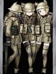 adapted_uniform animal_hat arm_around_neck arm_support backpack bag blonde_hair blood bloody_clothes blue_eyes coh commentary dark desk dirty door england gloves gun handgun hat helmet indoors injury looking_at_another looking_at_viewer mars_expedition military military_uniform multiple_girls open_mouth pouch revolver short_hair sketch soldier thighhighs uniform war weapon webley_revolver world_war_ii zettai_ryouiki 