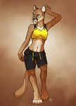  clothed clothing cougar feline female mammal midriff shorts skimpy solo sports_bra standing tasanko 