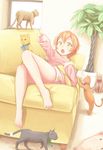  bad_id bad_pixiv_id barefoot cat couch dararito fur_trim highres hoshizora_rin legs love_live! love_live!_school_idol_project lying necktie on_back open_mouth orange_hair pom_pom_(clothes) ribbon scrunchie short_hair solo yellow_eyes 