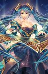  alice_jing aqua_hair blue_dress blue_eyes bow breasts cleavage dress etwahl hair_bow hair_ornament instrument large_breasts league_of_legends lips long_dress long_hair looking_at_viewer off_shoulder sitting smile solo sona_buvelle twintails very_long_hair wide_sleeves 
