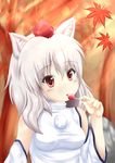  animal_ears autumn_leaves bare_shoulders blush breasts candy detached_sleeves food hat inubashiri_momiji leaf lollipop looking_at_viewer medium_breasts miyarinn nature pom_pom_(clothes) red_eyes short_hair silver_hair solo tokin_hat tongue tongue_out touhou tree wolf_ears 