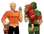  4boys aqua_lad aqua_man aquaman_(dc) aquaman_(series) arthur_curry beard belt blonde_hair boots carrying dark_skin dc_comics emblem facial_hair family father father_and_son gloves green_arrow green_arrow_(series) green_eyes hood kaldur&#039;ahm kaldur'ahm male male_focus multiple_boys oliver_queen orange_hair roy_harper simple_background speedy vambraces wave waving yellow_shoes young_justice young_justice:_invasion younger 