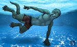  anthro bubble clothing fur half-closed_eyes leaning looking_at_viewer male mammal mustelid nude otter shorts smile solo sunlight swimming swimming_pool tbolt trunks_(clothing) tsaiwolf underwater water webbed_feet webbed_hands 