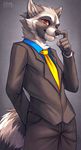  falvie looking_at_viewer male mammal necktie orange_eyes raccoon solo suit 