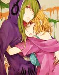  blonde_hair couple green_hair hood hoodie hug kagerou_project kido_tsubomi kiri_(lwp01_lav) kisaragi_momo long_hair looking_at_viewer multiple_girls red_eyes yuri 