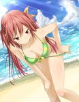  bangs bare_arms bare_shoulders beach bikini bikini_pull breasts brown_hair day dutch_angle highres horizon inu_(mezonsidepark) long_hair looking_away medium_breasts ocean original outdoors pulled_by_self red_eyes solo swimsuit twintails water 