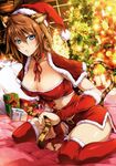  absurdres animal_ears arm_support arm_warmers blue_eyes breasts brown_hair capelet choker cleavage copyright_request fur_trim gift hair_between_eyes highres large_breasts leaning_forward looking_at_viewer midriff navel non-web_source omega_2-d red_capelet red_legwear sack santa_costume sitting skirt solo tail thighhighs tiger_ears tiger_tail wariza 