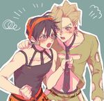  angry black_hair blonde_hair blood blood_on_face choker food fork fruit grey_background headband jojo_no_kimyou_na_bouken kaaokirooo multiple_boys narancia_ghirga necktie pannacotta_fugo purple_eyes short_hair stabbed stabbing strawberry tears 