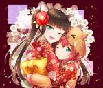  2girls ;) ;d animal_ears animal_hat back_bow bangs blunt_bangs bow braid chinese_zodiac floral_background floral_print flower gloves green_eyes hair_flower hair_ornament happy_new_year hat hirako hug japanese_clothes kimono kurosawa_dia kurosawa_ruby long_hair looking_at_viewer love_live! love_live!_sunshine!! mole mole_under_mouth multiple_girls new_year one_eye_closed open_mouth paw_gloves paws pig_hat red_flower red_kimono siblings sisters smile twintails twitter_username upper_body year_of_the_pig 