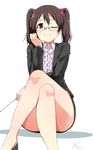  ;) alp bangs bespectacled black_hair center_frills clenched_hand closed_mouth crossed_legs formal glasses legs long_sleeves love_live! love_live!_school_idol_project one_eye_closed pointer red_eyes short_hair signature sitting skirt_suit smile solo suit teacher thighs twintails white_background yazawa_nico 