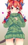  alternate_costume animal_ears bad_id bad_pixiv_id blush bow braid cat_ears extra_ears fang hair_bow heart highres kaenbyou_rin konata_gazel long_hair looking_at_viewer no_pants panties pointy_ears red_eyes red_hair ribbed_sweater solo sweater touhou twin_braids underwear white_panties 