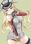  bismarck_(kantai_collection) blonde_hair blue_eyes blush breasts crying crying_with_eyes_open detached_sleeves gloves green_background grey_legwear hand_to_own_mouth hat kantai_collection large_breasts long_hair looking_at_viewer military military_hat military_uniform peaked_cap pee peeing peeing_self sakura_hanatsumi solo tears thighhighs uniform 