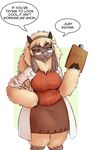  breasts caprine chochi clipboard clothed clothing english_text eyewear female fur glasses hair hooves horn long_hair mammal nurse open_mouth plain_background poppy_opossum sheep shirt solo standing text 