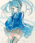  blue_eyes blue_hair ene_(kagerou_project) fina_(sa47rin5) headphones highres kagerou_project long_hair looking_at_viewer solo traditional_media twintails watercolor_(medium) 